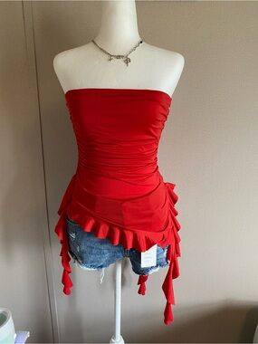 Cute red Y2K fairycore ruffle trim tube top